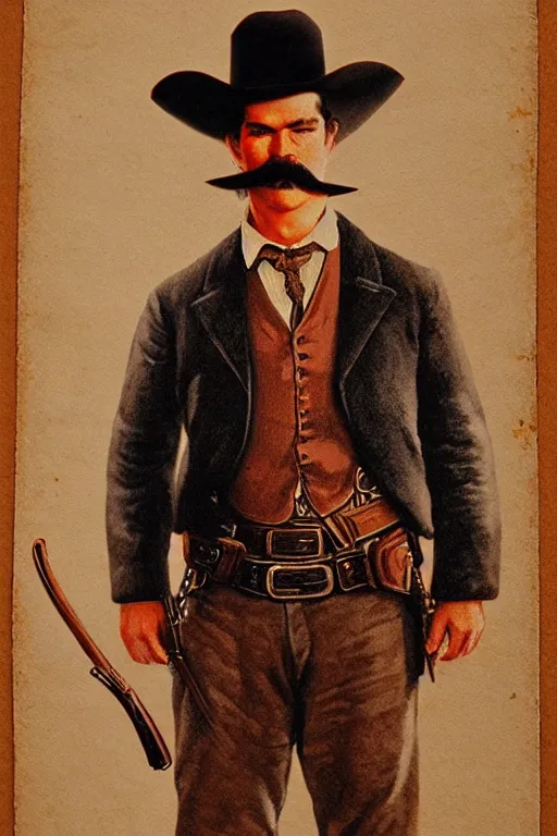 Image similar to highly photorealistic matte portrait of young val kimer as wyatt earp from tombstone set against a western town, intricate detail, attention to details, warm color scheme, volumetric lighting