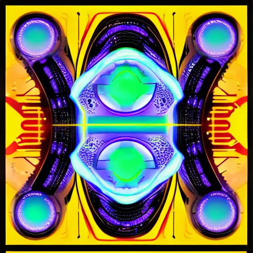 Prompt: alien spaceship centered in a futuristic data analysis card, colors: yellow, violet, blue, red, orange, volumetric light, cgi style, insanely detailed symbols in the frame.