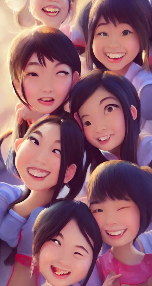 Image similar to a painting of cute Asian girls smiling, in the style of DreamWorks animation, low angle view, 16mm lens, award winning, hyper detailed, dramatic lighting, artstation, octane renderer, unreal engine