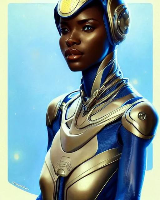 Image similar to Portrait of very very very very very very beautiful african woman, spacesuit, futuristic cybernetic helmet, blue eyes, real life skin, intricate, elegant, highly detailed, artstation, concept art, smooth, sharp focus, art by artgerm and greg rutkowski and alphonse mucha