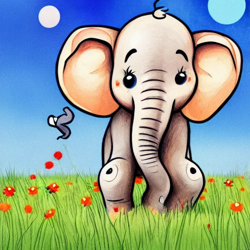 Prompt: cute cheerful elephant with his two ears and his trunk in a meadow, colouring - in sheet, concept design, character art, sharp focus, highly detailed, artstation