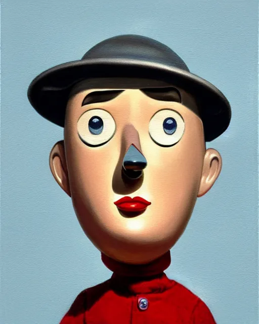 Image similar to closeup face profile portrait of a tin toy jacques tati as monsieur hulot, hyper realistic, artstation, illustration, nicoletta ceccoli, mark ryden, lostfish, max fleischer, digital paint, matte paint, vivid colors, dark, sinister, detailed and intricate environment