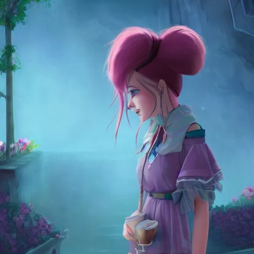 Prompt: A young adult witch with a cottage-core aesthetic with rose-colored hair and teal clothing, Nobutaka Ike, animated film still, character design, fantasy, 3D, 8k resolution