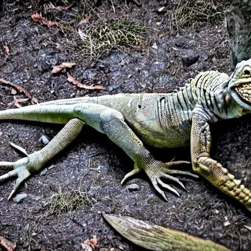 Prompt: human! lizard werecreature, photograph captured at woodland creek
