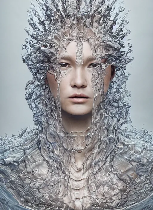 Image similar to sculpture made of water, portrait, female, future, shaman, harper's bazaar, vogue, magazine, insanely detailed and intricate, concept art, ornate, luxury, elite, elegant, trending on artstation, by ruan jia, by Kenneth Willardt, by ross tran, by WLOP, by Andrei Riabovitchev,