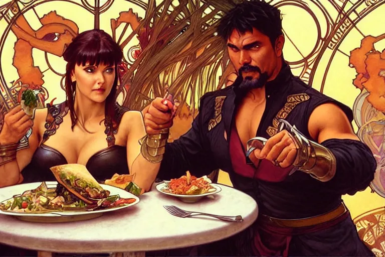 Image similar to xena warrior princess eating at a restaurant, with a hispanic man in a suit as her companion, art by artgerm and greg rutkowski and alphonse mucha