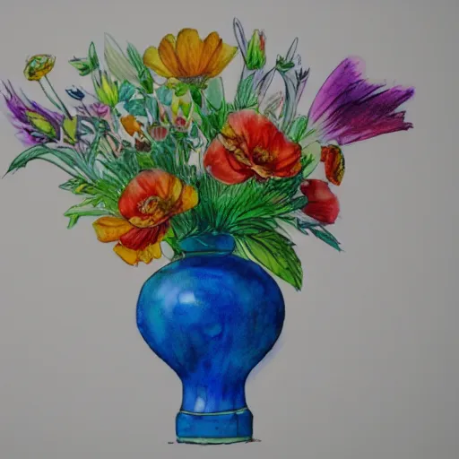 Image similar to a porcelain vase with a colorful and beautiful flower arrangement. watercolor and pencil drawing style. beautiful lighting, 4 k post - processing, trending in art station, cg society, highly detailed, 5 k extremely detailed, 3 d. cinematic scene.