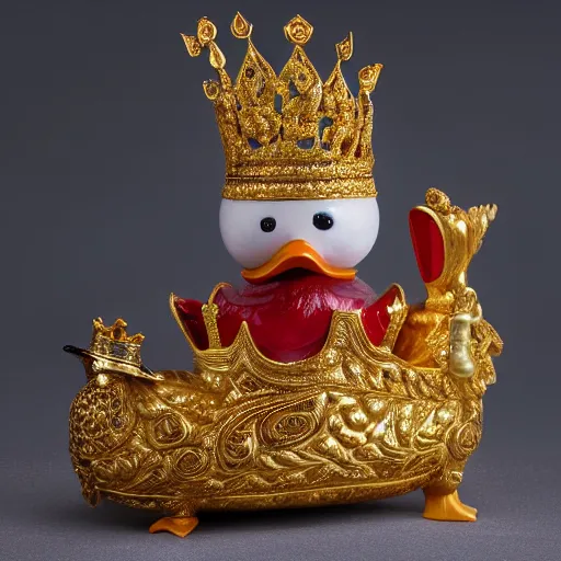 Image similar to a plastic duck king sitting on a gold throne decorated with many rubies and diamonds, detailed duck, duck king is wearing a gold crown and gold necklace, super realistic, 8k