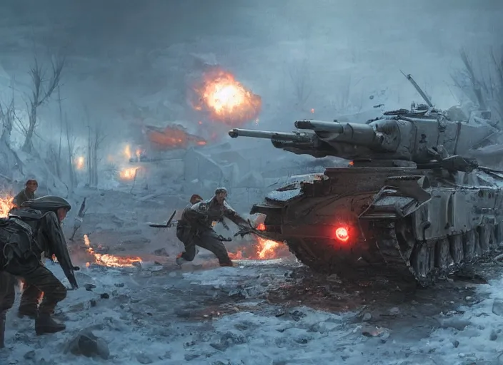 Image similar to soviet soldiers fighting against nazi t - 8 0 0 terminator robots in world war two eastern front setting, dieselpunk, winter concept art, artstation, stephen bliss, unreal engine, art by greg rutkowski, pixar, global illumination, radiant light, detailed and intricate environment