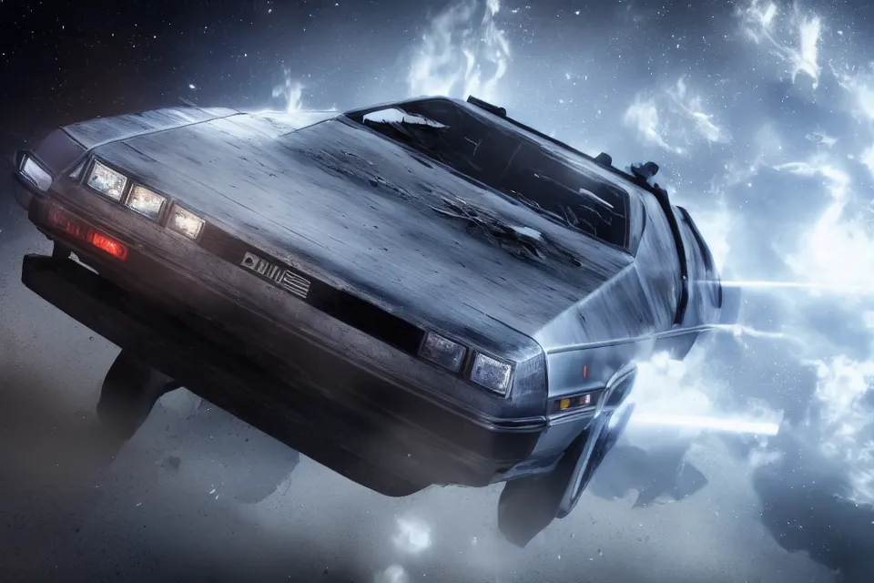 Prompt: ultra realistic delorean dmc 5 drifts on road wreckage orbiting earth in space, dark cinematic, volumetric, realistic, 3 d render, realistic render, cinematic lighting, volumetric lighting, atmospheric, cinematic, unreal engine 5, unreal engine render, octane render, hd, photorealism, hyper realistic, 8 k