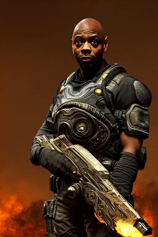 Image similar to Dave Chappelle as a Gears of War character, photorealism, half body, HDR ambient background, unreal engine 5, hyperrealistic, highly detailed, XF IQ4, 150MP, 50mm, F1.4, ISO 200, 1/160s, cinematic lights, Adobe Lightroom, photolab, Affinity Photo, PhotoDirector 365, realistic