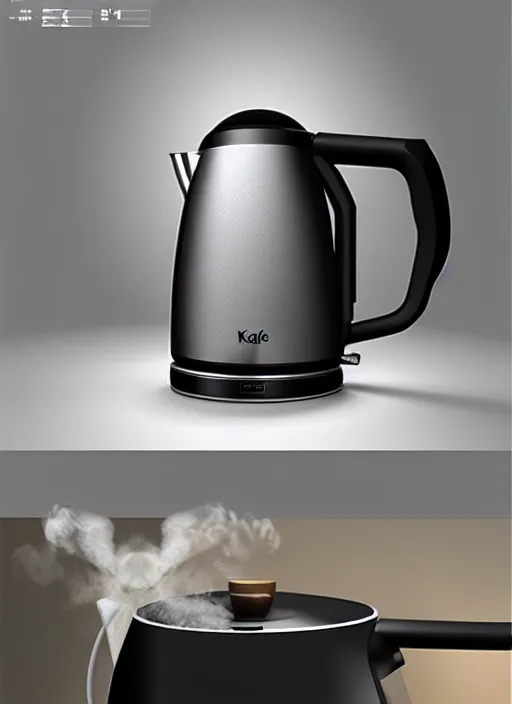 Image similar to stylish modern kettle boiling water, steam coming from spout, natural lighting, path traced, highly detailed, high quality, digital painting