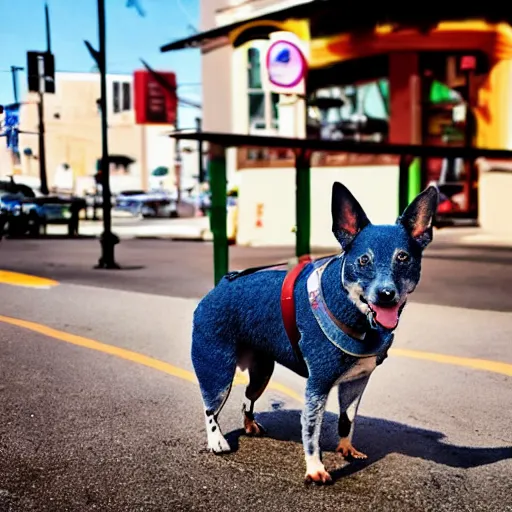 Prompt: blue heeler dog on a bike, 8 k photography, blurred background of a wafflehouse