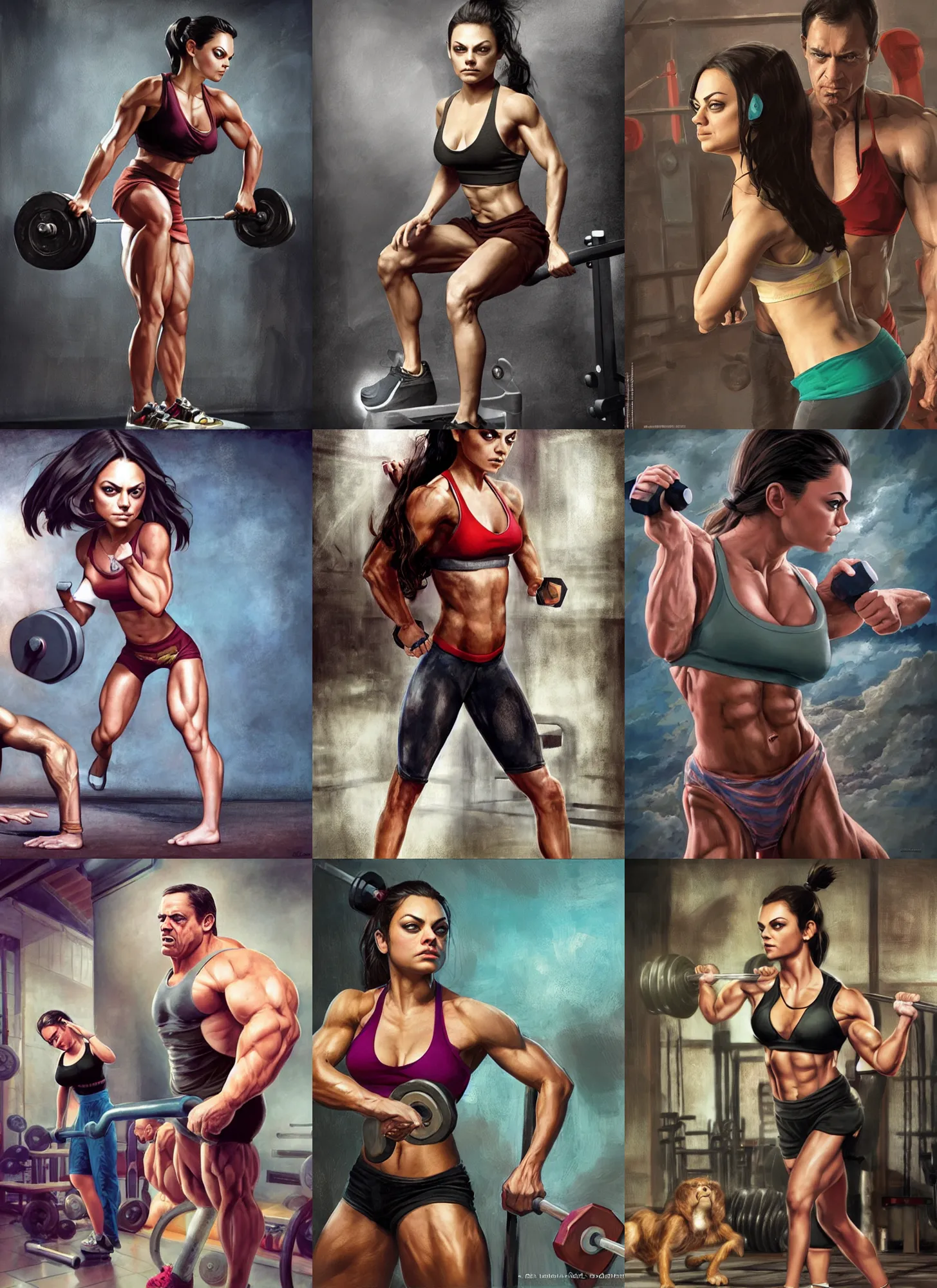 Image similar to bodybuilder mila kunis working out, wlop, steve argyle, ilya kuvshinov, ralph horsley, rossdraw, mark ryden, daniel f. gerhartz, sophie anderson, lilia alvarado, tom chambers