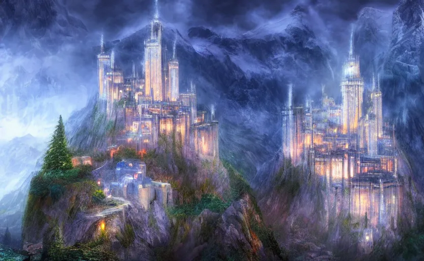 Image similar to beautiful secret city of the elves gondolin on top of a mountain, magical gloomy mystical. by konstantin razumov, fractal flame, chiaroscuro, highly detailded, mech robot