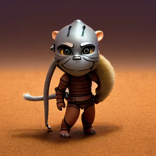 Image similar to antropomorphic knight lion warrior as nendoroid walking in a desert in the croods movie style, anime, disney, pixar, 8 k, hd, dof, kodak film, volumetric lighting, subsurface scattering, photorealistic, octane render, details