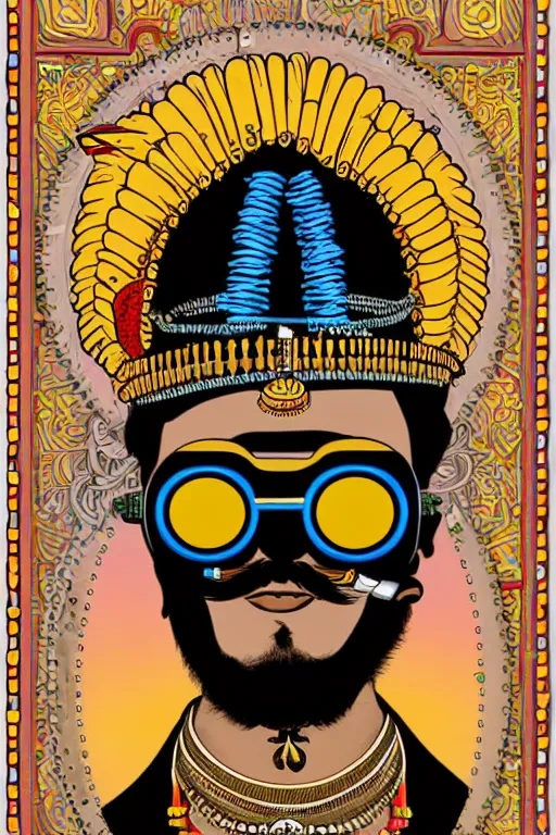 Image similar to face portrait of an indian man with long neon moustache rajasthani pagdi wearing steampunk goggles and jewelry, art by butcher billy and mucha, sticker, colorful, illustration, highly detailed, simple, smooth and clean vector curves, no jagged lines, vector art, smooth