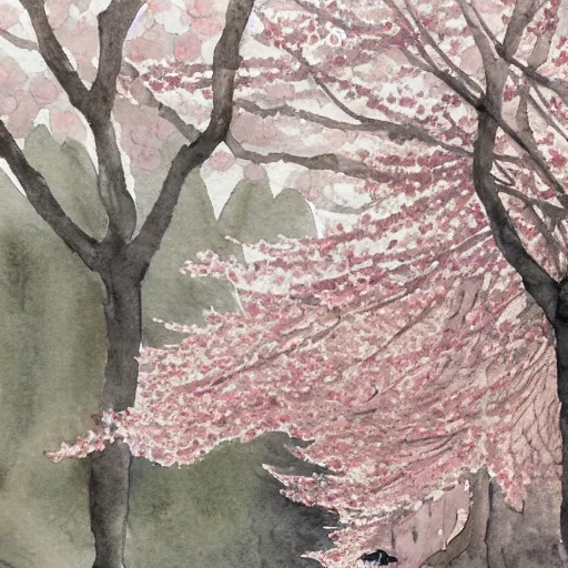 Image similar to a palace chamber filled with cherry blossom trees, watercolour