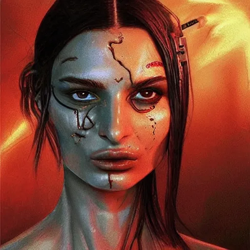 Prompt: Emily Ratajkowski is a bio mechanical cyborg, physically accurate, very dramatic dynamic lighting, intricate, very very elegant, blood red pool of water, highly detailed, digital painting, artstation, very hyperrealistic, HR GIGER, Hieronymus Bosch, Francis Bacon, concept art, smooth, sharp focus, illustration, art by artgerm and greg rutkowski and alphonse mucha