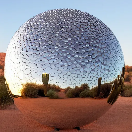 Prompt: a large metallic ball with a mirror finish sits in the arizona desert, photorealistic