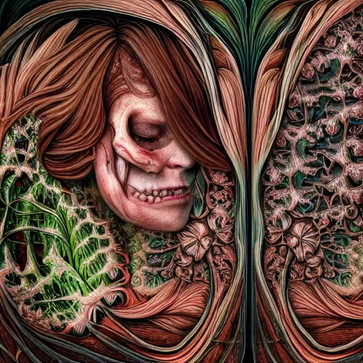 Image similar to a beautiful detailed photo of a two sides rotten woman corpse morphing into fractal plants and fractal flowers and mushrooms, muscles, veins, anatomical, intricate, ornate, volumetric light, beautiful lit, romero ressendi