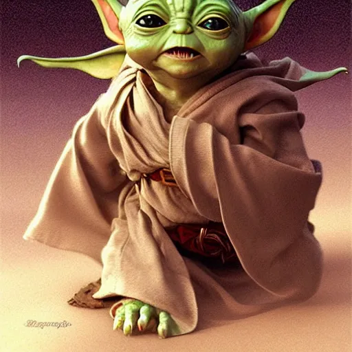 Image similar to baby yoda in the role of frodo baggins, intricate, elegant, highly detailed, digital painting, artstation, concept art, smooth, sharp focus, illustration, art by artgerm and greg rutkowski and alphonse mucha and william - adolphe bouguereau