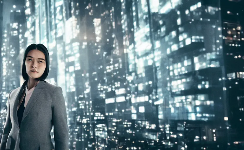 Image similar to a wide shot of a woman with a wool suit, blurred face, wearing an omega speedmaster on her wrist in a dystopian city at night with cyberpunk lights