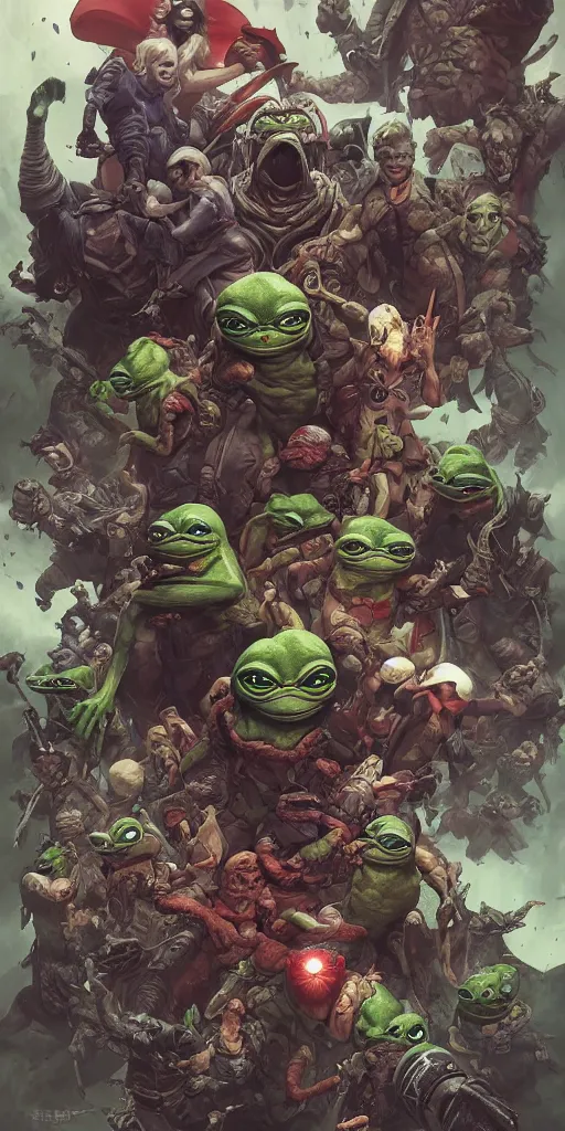 Image similar to Pepe The Frog, marvel comics, dark, intricate, highly detailed, smooth, artstation, digital illustration by Ruan Jia and Mandy Jurgens and Artgerm and Wayne Barlowe and Greg Rutkowski and Frank Frazetta