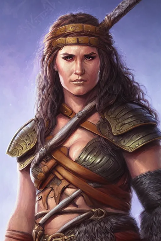 Prompt: head and shoulders portrait of a barbarian, female, high fantasy, dnd, by magali villeneuve