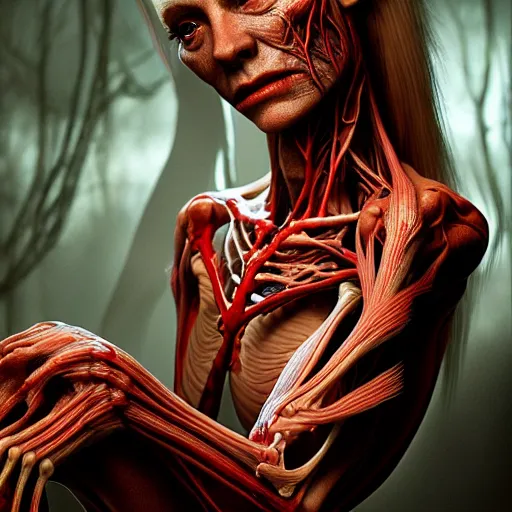 Prompt: female elf with translucent skin, visible muscles and veins and arteries and bones and spine and nerves, beautiful detailed intricate insanely detailed octane render, 8K artistic photography, photorealistic, chiaroscuro, by David Cronenberg, Raphael, Caravaggio