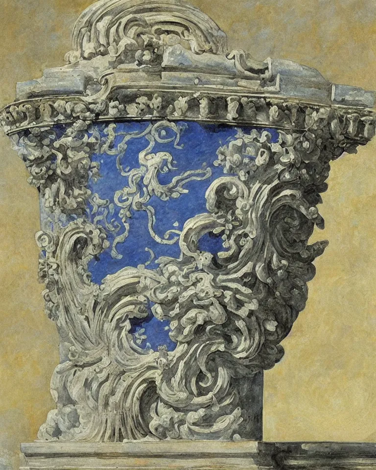 Prompt: achingly beautiful painting of intricate ancient roman corinthian capital on sapphire gemstone background by rene magritte, monet, and turner. giovanni battista piranesi.