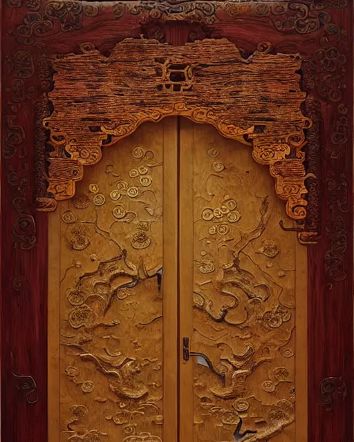 Prompt: ancient chinese wood burl door with intricate gilding and carved ivory, redwood, fantasy art, marc simonetti, ferdinand knab