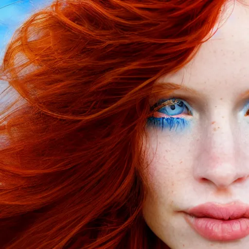 Prompt: Close up 35mm nikon photo of the left side of the head of a redhead photomodel with gorgeous blue eyes and wavy long red hair, who looks directly at the camera. Whole head visible and covers half of the frame,.