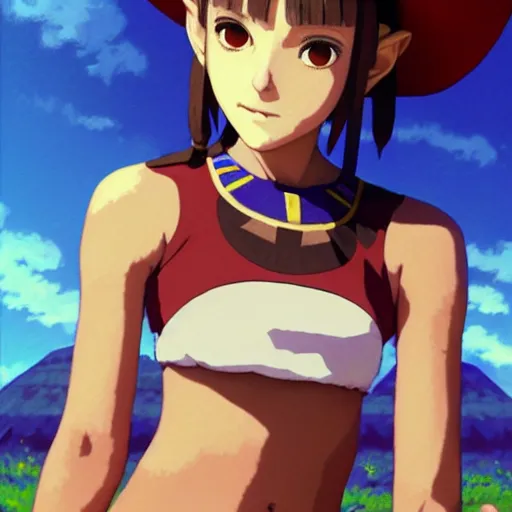 Image similar to beautiful boyish natalie portman gravure model in majora's mask, wearing wooden mask and baseball cap and leotard, street wear with subtle mayan patterns, aztec bathing suit, gapmoe yandere grimdark, trending on pixiv fanbox, painted by greg rutkowski makoto shinkai takashi takeuchi studio ghibli, akihiko yoshida