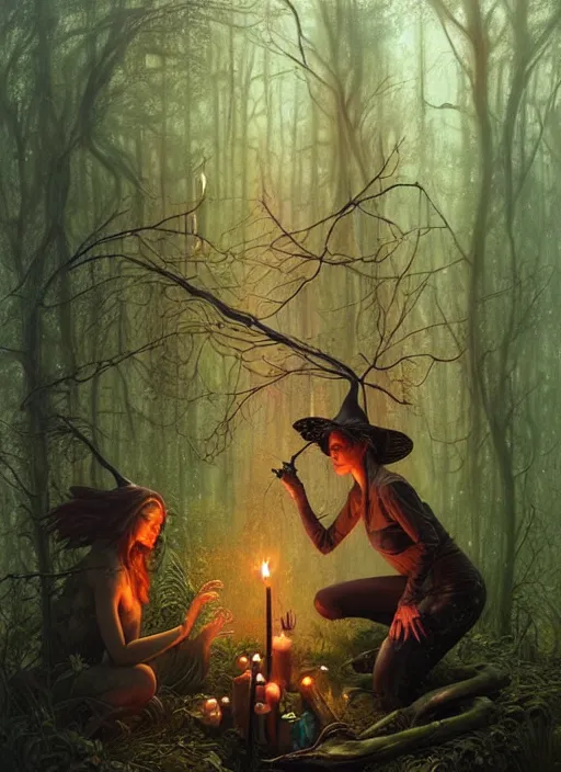 Image similar to a hyper realistic witch shrine, candles, in the woods, distant explosions, gorgeous lighting, lush forest foliage, painting by chiara bautista and tom bagshaw, mucha, beksinski and norman rockwell and greg rutkowski weta studio, and lucasfilm