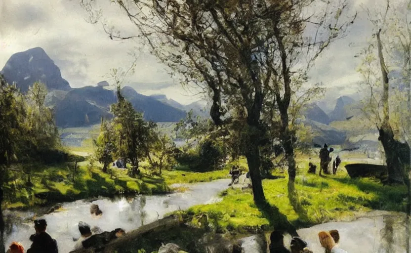 Image similar to oil painting lanscape by anders zorn, nature, fruit trees, very very very very beautiful art, dramatic light, water reflections, tall rocky mountains, police making arrests, detaining people, cop cars, sirens