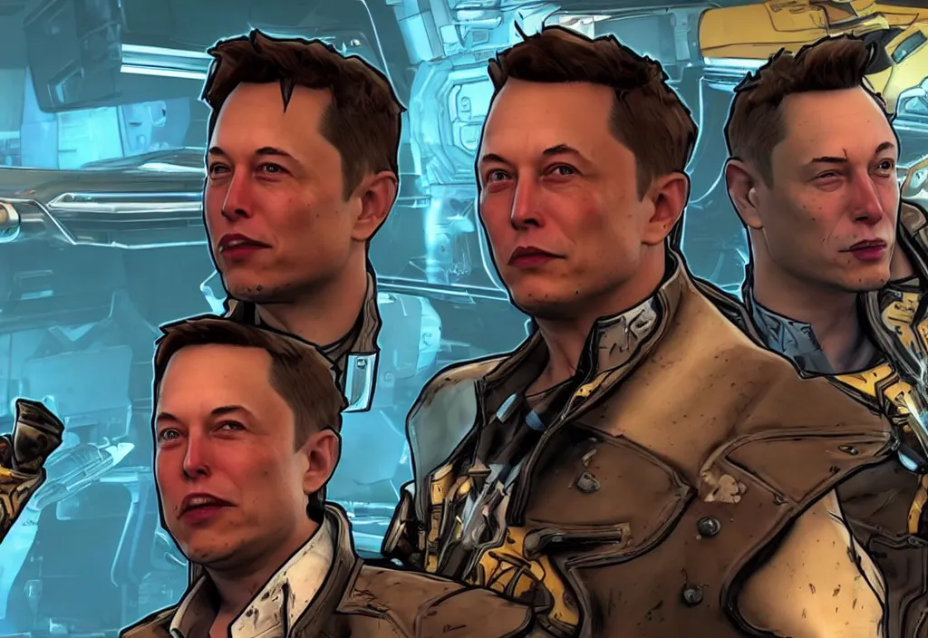 Image similar to elon musk in borderlands elon musk in the video game borderlands, gameplay screenshot, close up, 3 d rendering. unreal engine. amazing likeness. very detailed.