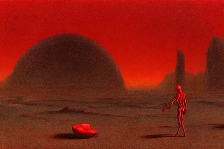 Image similar to only with red, a red god of death eat apple, a futuristic city on mars in background, an ancient path, pathos, in the style of beksinski, part by hopper, part by rodcenko, part by hofbauer, intricate composition, red by caravaggio, insanely quality, highly detailed, masterpiece, red light, artstation