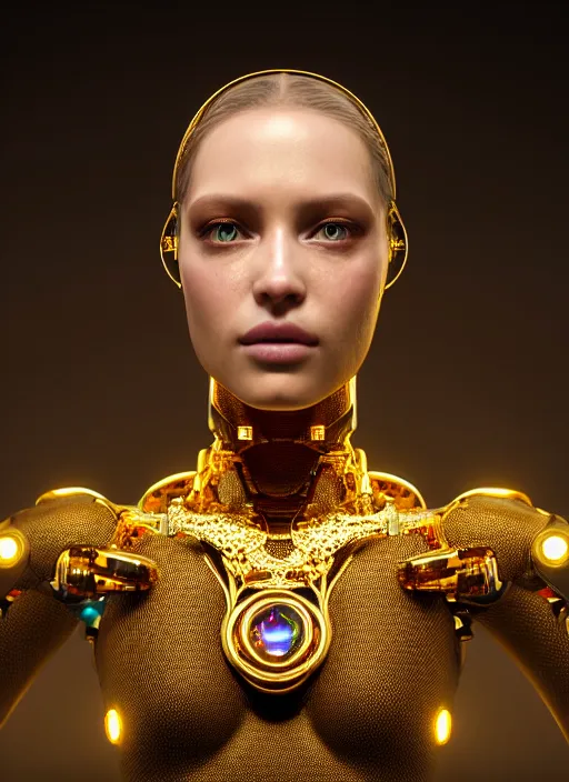 Image similar to a stunning young female cyborg made of gold, gemstones, diamonds, by pre - raphaelite brotherhood, unreal engine, glamor shot, nikon d 7 5 0, closeup, f / 2. 8, low contrast, 1 6 k, rim lighting, optical fiber, cinematic lighting, insanely detailed and intricate, hypermaximalist, elegant, ornate, hyper realistic,