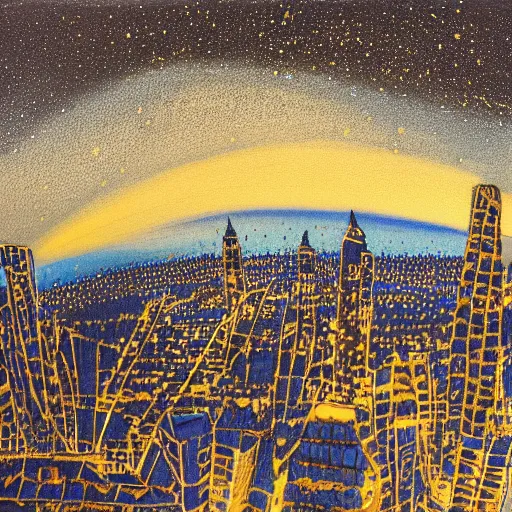 Image similar to night scene of a city. The darkness of the night is illuminated by artificial lighting. The sky is painted with cobalt blue, and shimmers with the light of stars.