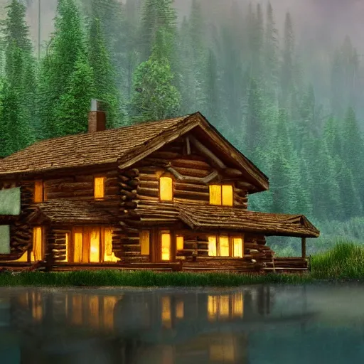 Prompt: log cabin in the woods by the lake, diffused lighting, highly detailed cinematic, epic composition, highly detailed, atmospheric, wide angle, artstation trending, warm green colors, computer art, concept art