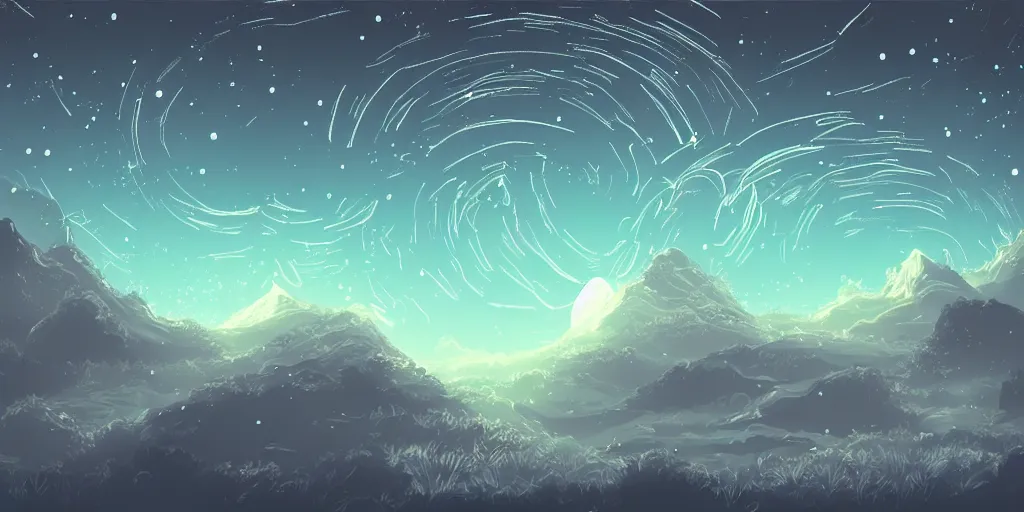 Prompt: glowing wireframe totoro, mountain landscape, night sky, digital art, digital painting, celestial