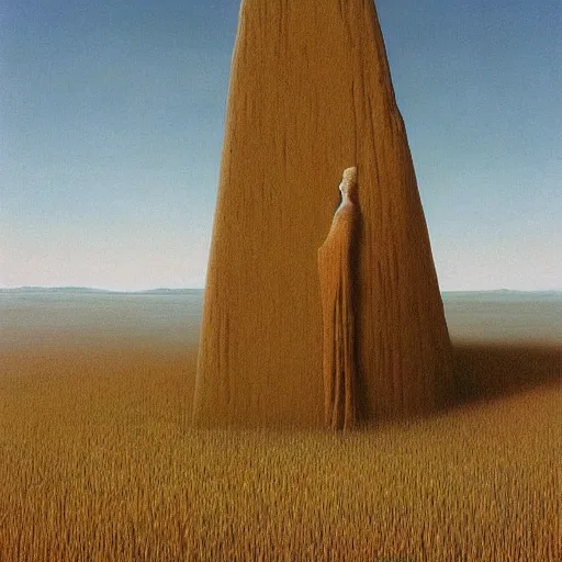 Prompt: a large monolith on a grassy plain. by zdzisław beksinski.