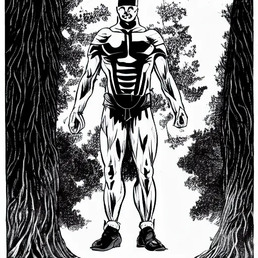 Prompt: A 15 foot tall, muscular, bald, smooth, extremely pale, androgynous humanoid with a perfectly symmetrical face, dressed in black body armour, in the background is a dense and foggy forest of trees. Monochrome, high contrast, comic book,