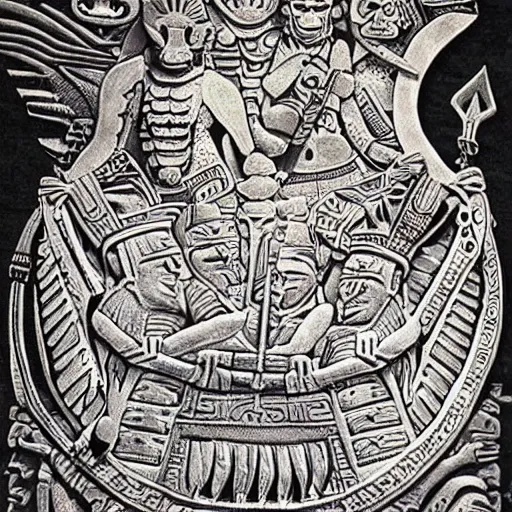 Prompt: Mayan gods aboard a mythical canoe in the great underworld. great energy. beautiful shapes