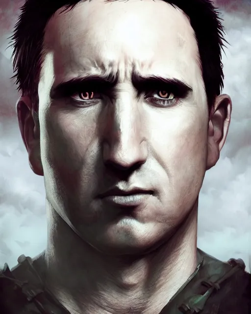 Image similar to An epic fantasy comic book style portrait painting of a very imposing Trent Reznor, character design by Mark Ryden and Pixar and Hayao Miyazaki, unreal 5, DAZ, hyperrealistic, octane render, cosplay, RPG portrait, dynamic lighting, intricate detail, cinematic