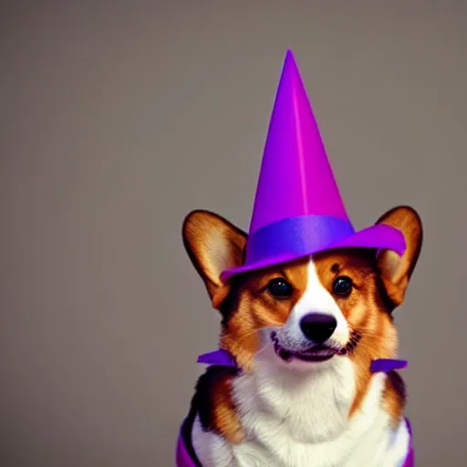 Prompt: a corgi wearing a purple party hat and a red bowtie, cinematic, ultra - hd