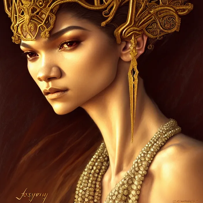 Image similar to ancient queen zendaya, symetrical, diffuse lighting, fantasy, intricate, elegant, highly detailed, lifelike, photorealistic, digital painting, artstation, illustration, concept art, 4 k, smooth, sharp focus, art by john collier and albert aublet and krenz cushart and artem demura and alphonse mucha