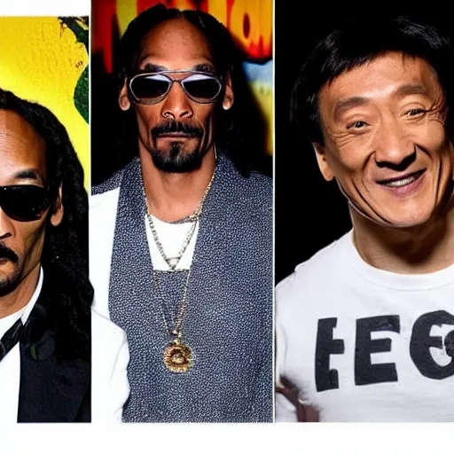 Image similar to a picture of the rock, snoop Dogg and Jackie Chan posing together for the camera