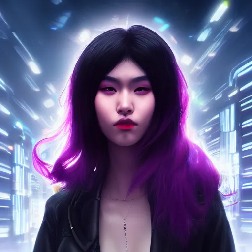 Prompt: Close up portrait of a young Asian Cyberpunk woman with dark purple hair wearing an aviator, hyperdetailed, artstation, cgsociety, 8k